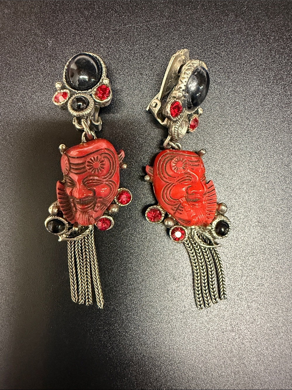 Selro Red Carved Mask Dangle Earrings with Black and Red Accents